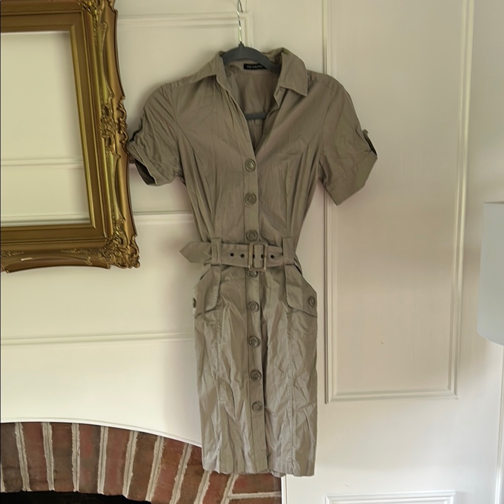 Khaki Button-Up Dress with Belt
